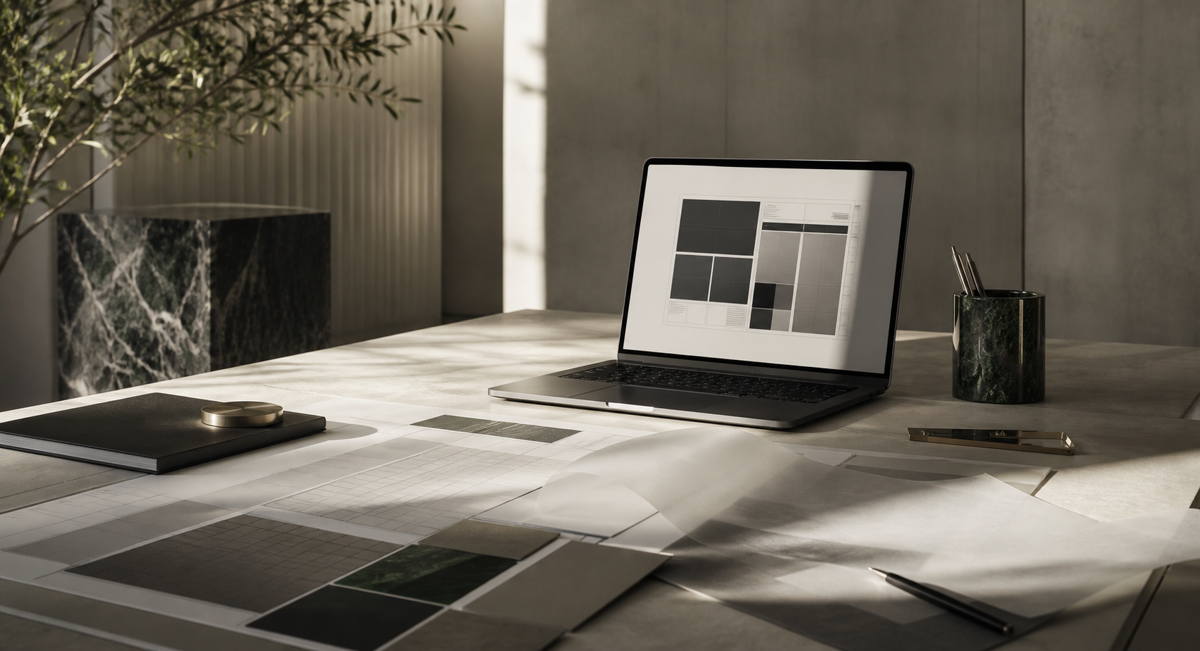 Editorial studio table with architectural digital layouts